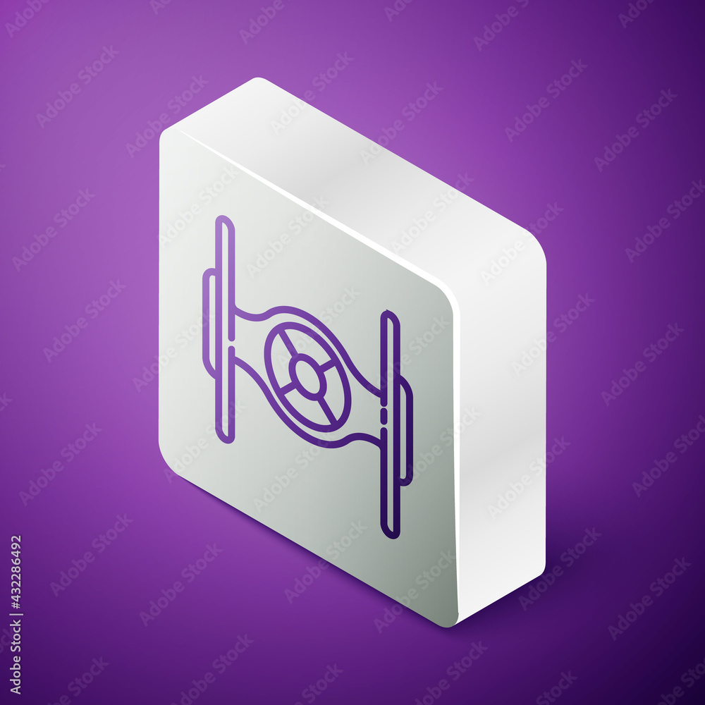 Isometric line Cosmic ship icon isolated on purple background. Silver square button. Vector