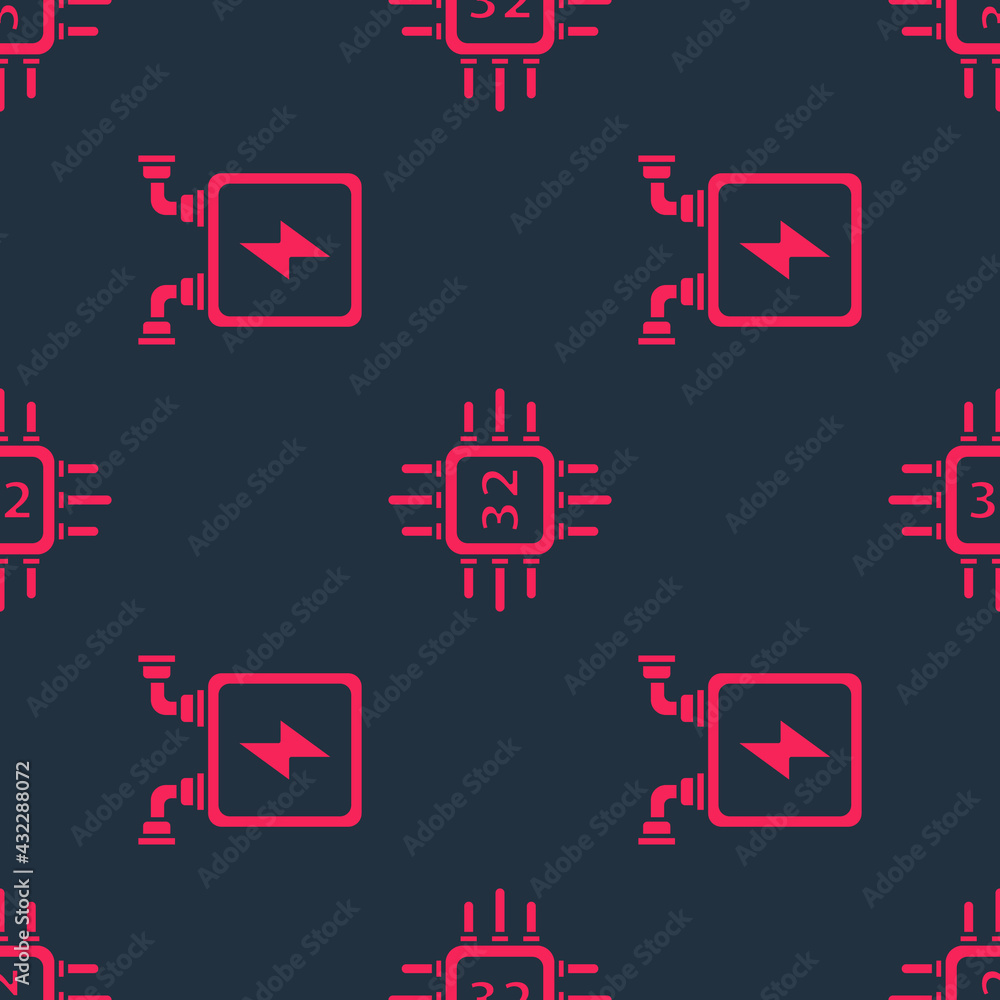 Set Electric transformer and Processor with microcircuits CPU on seamless pattern. Vector