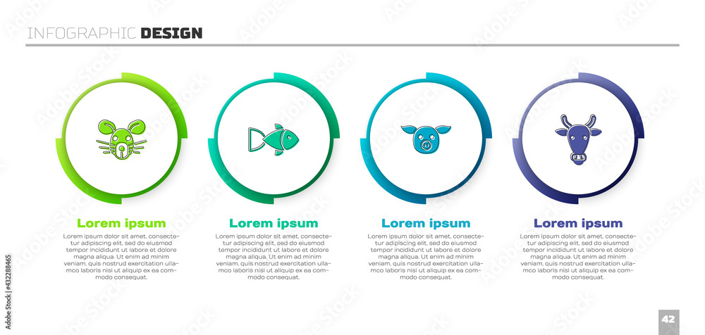 设置鼠头、鱼、猪和牛。商业信息图模板。矢量