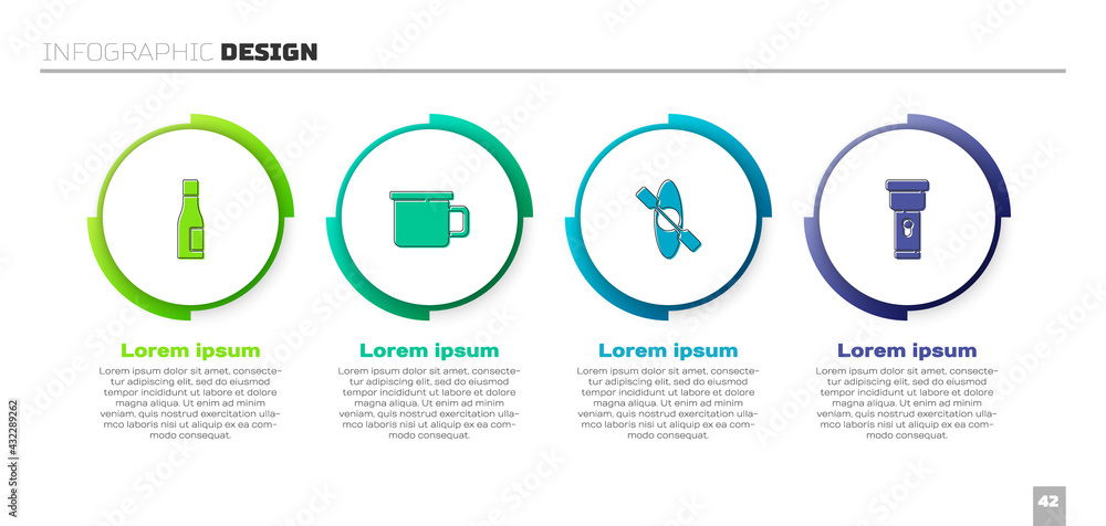 套装水瓶、露营金属杯、皮划艇或独木舟和手电筒。商业信息图模板