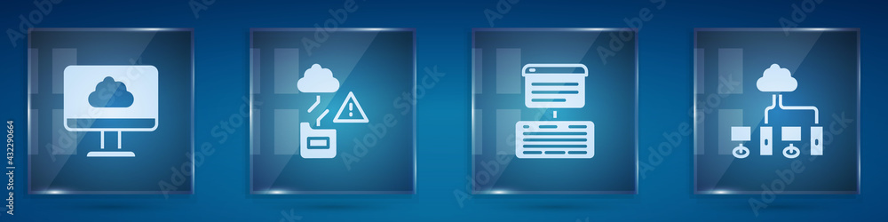 设置云技术数据传输、服务器、数据、Web主机和计算机网络。方形玻璃p