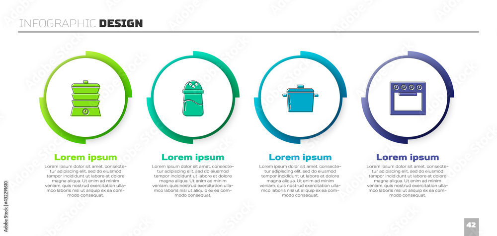 设置慢炖锅、盐、锅和烤箱。商业信息图模板。矢量
