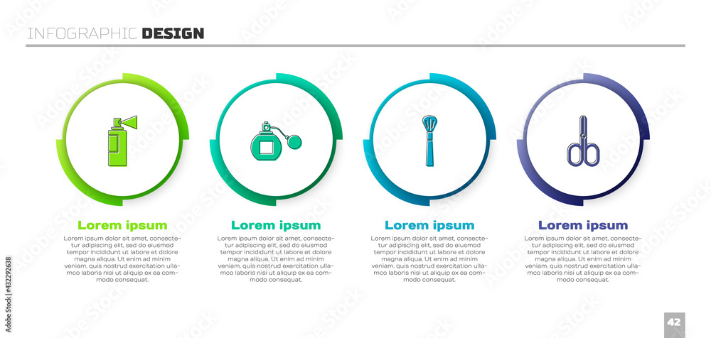套装香水、化妆刷和剪刀。商业信息图模板。Vector