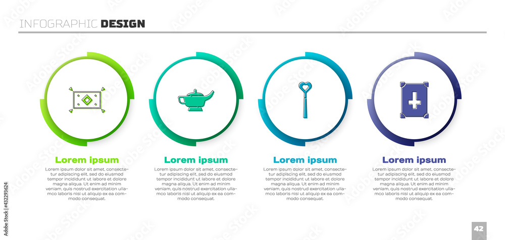 Set Magic carpet, lamp or Aladdin, wand and Ancient magic book. Business infographic template. Vecto