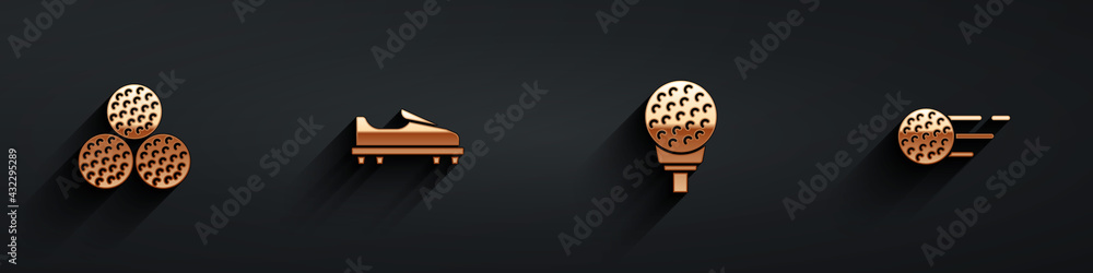 Set Golf ball, shoe, on tee and icon with long shadow. Vector