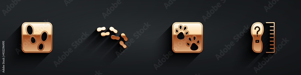 Set Human footprints shoes, , Paw and Square measure size icon with long shadow. Vector