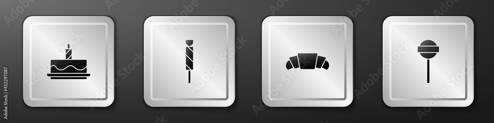 Set Cake with burning candles, Candy, Croissant and Lollipop icon. Silver square button. Vector