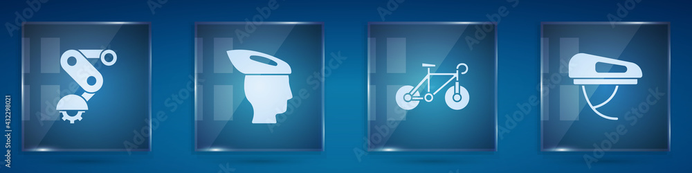 Set Derailleur bicycle rear, Bicycle helmet, and . Square glass panels. Vector