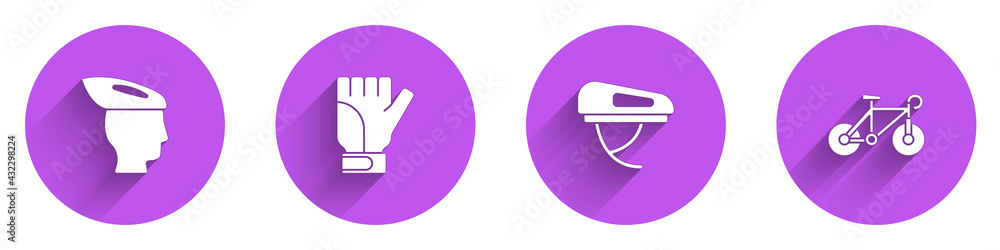 Set Bicycle helmet, Gloves, and icon with long shadow. Vector