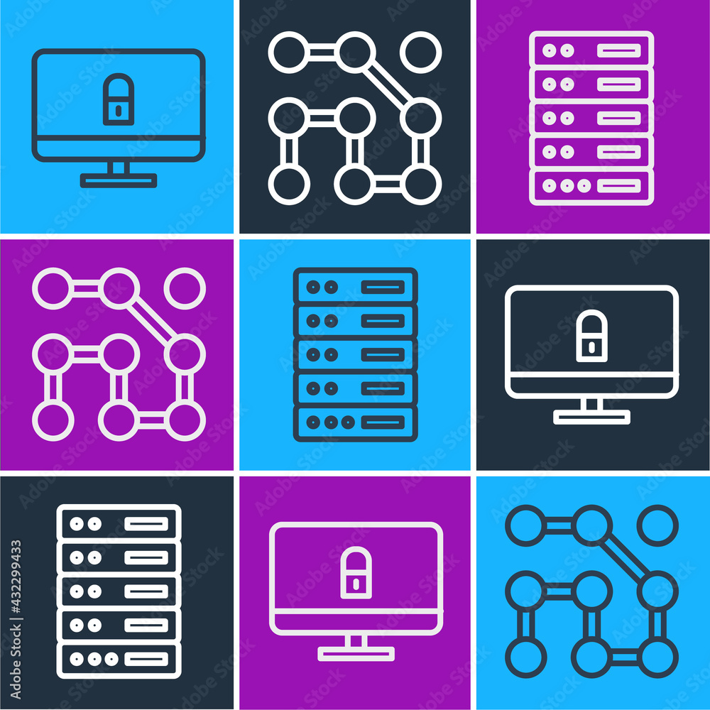 Set line Lock on computer monitor, Server, Data, Web Hosting and Graphic password protection icon. V