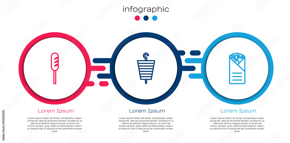 套餐炸香肠、烤羊肉串和烤面包。商业信息图模板。矢量