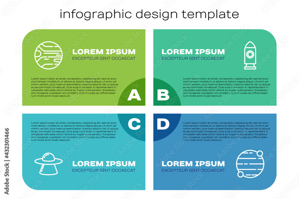 设置UFO飞行飞船、行星和火箭。商业信息图模板。矢量