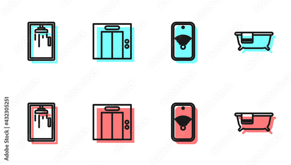 Set line Mobile with wi-fi wireless, Shower cabin, Lift and Bathtub icon. Vector