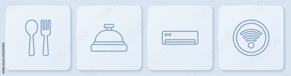 设置线叉子和勺子，空调，酒店服务铃和无线网络。白色方形按钮