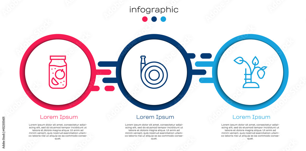 Set line Jam jar, Garden hose and Strawberry bush. Business infographic template. Vector