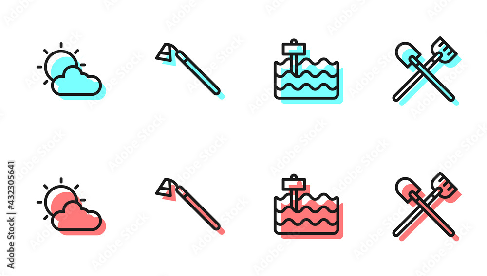 Set line Garden bed, Sun and cloud weather, hoe and Shovel icon. Vector