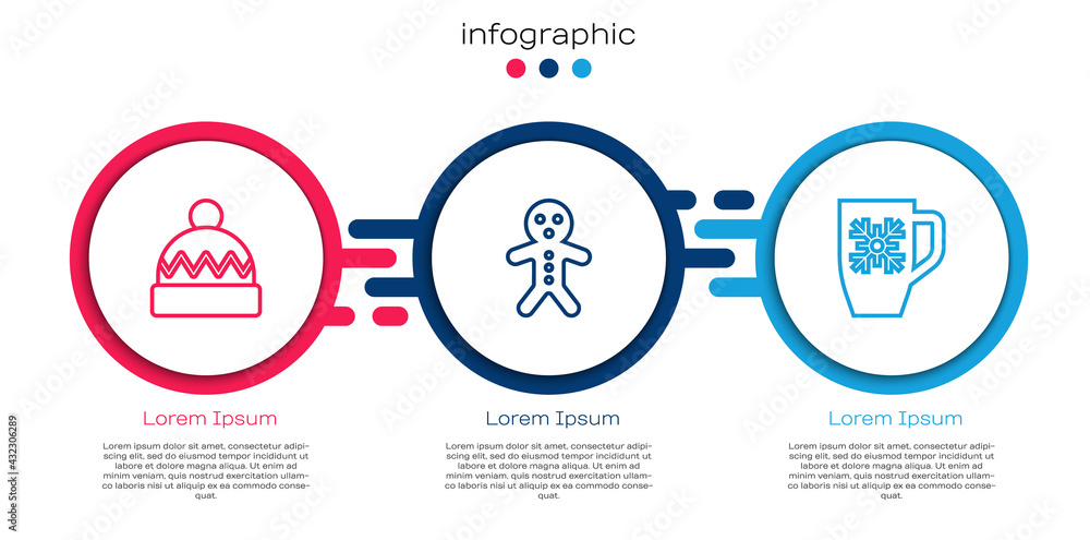 Set line Winter hat, Holiday gingerbread man cookie and Coffee cup with snowflake. Business infograp