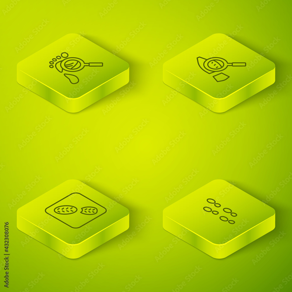 Set Isometric line Magnifying glass with footsteps, Human footprints shoes, and icon. Vector