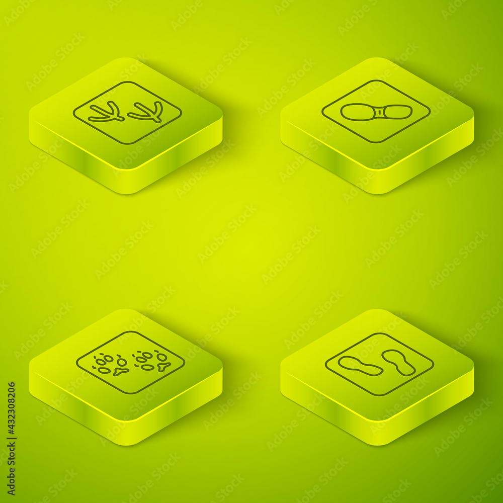 Set Isometric line Human footprints shoes, Fox paw, and Dove icon. Vector