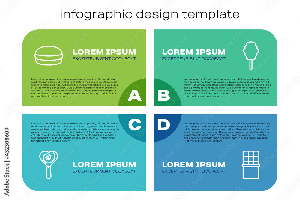 设定线棒棒糖、马卡龙饼干、巧克力棒和棉花糖。商业信息图模板。Ve