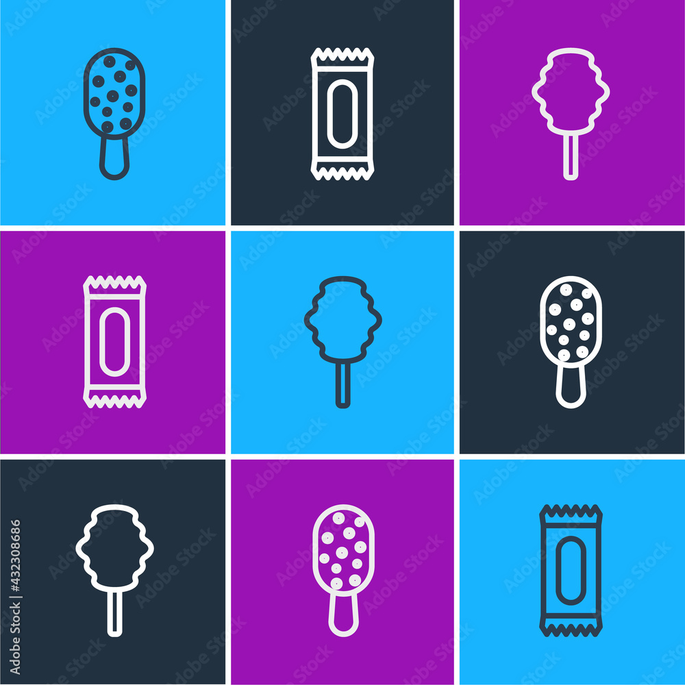 Set line Ice cream, Cotton candy and Candy icon. Vector