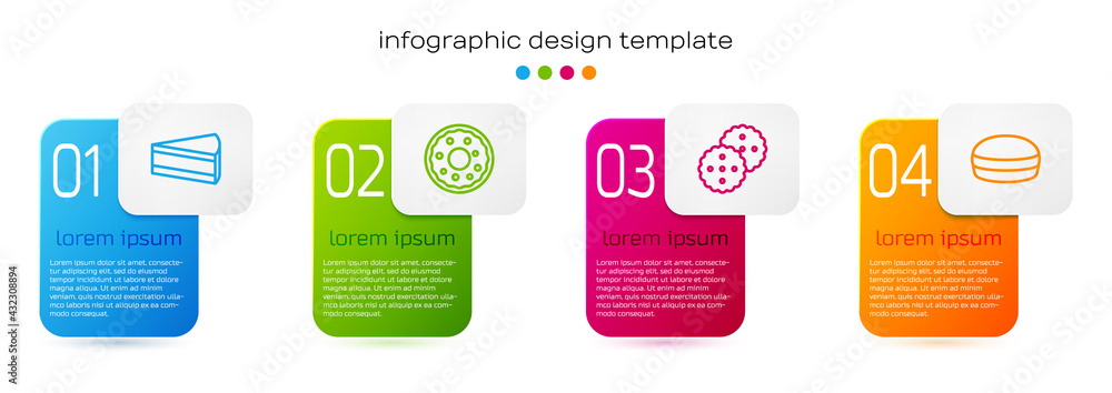 Set line Piece of cake, Donut, Cookie or biscuit and Macaron cookie. Business infographic template. 