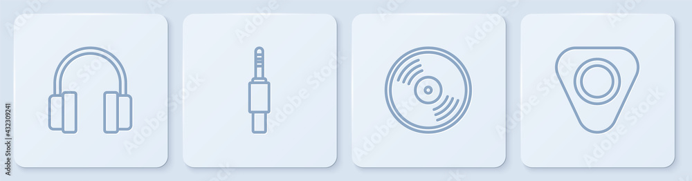 设置线耳机、乙烯基唱片、音频插孔和吉他拨片。白色方形按钮。矢量