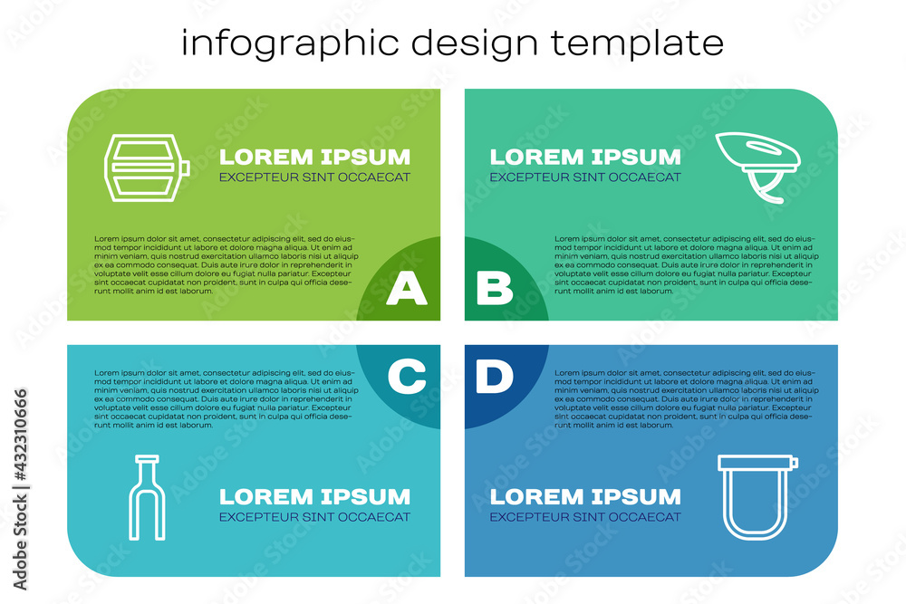设置线自行车叉、踏板、锁和头盔。商业信息图模板。矢量