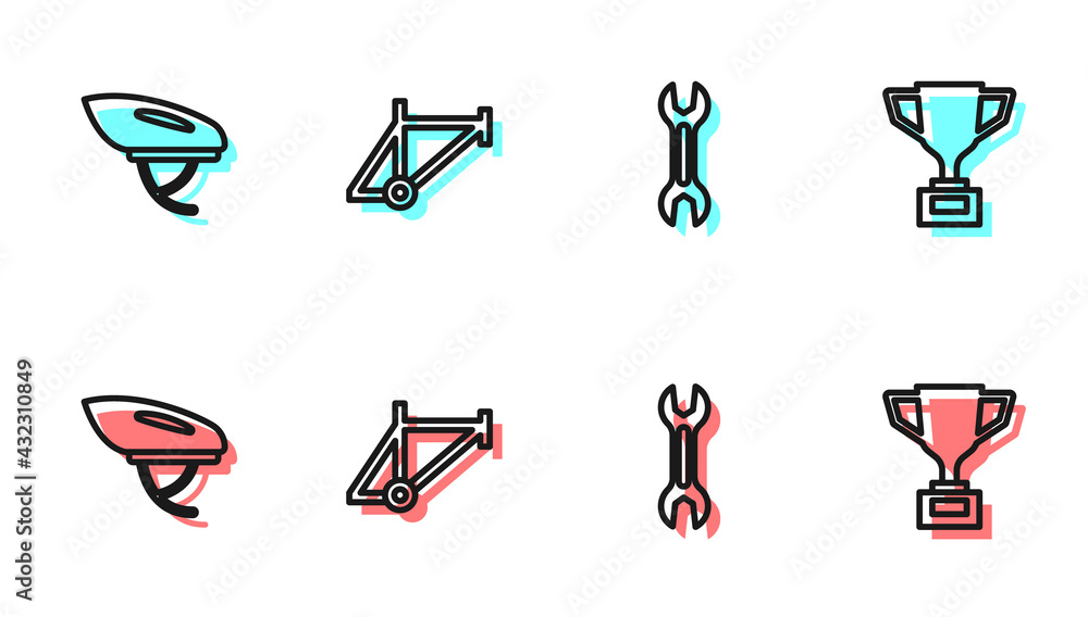 Set line Wrench spanner, Bicycle helmet, frame and Award cup with bicycle icon. Vector