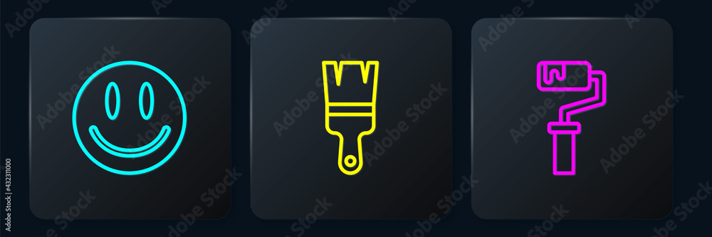 Set line Smile face, Paint roller brush and . Black square button. Vector