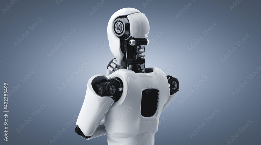 Thinking AI humanoid robot analyzing information data in concept of artificial intelligence by machi