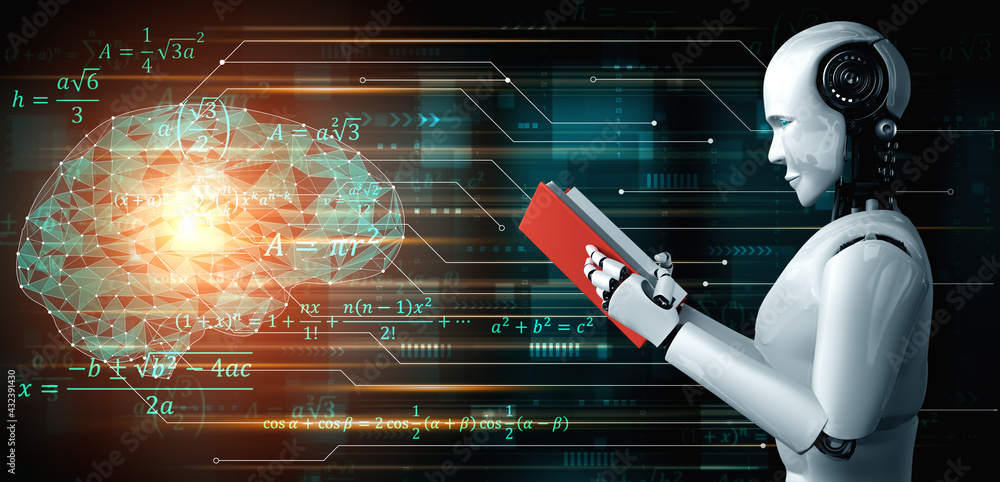 3D illustration of robot humanoid reading book and solving math data analytics in concept of future 