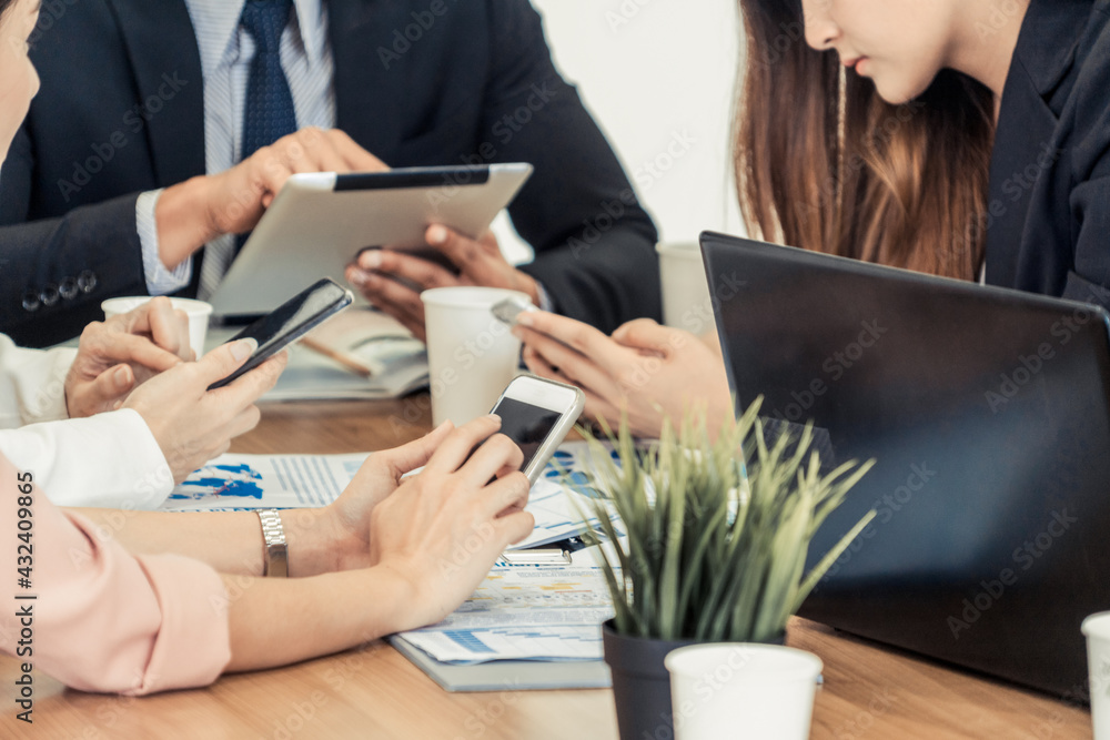 Businessman is in meeting discussion with colleague businesswomen in modern workplace office. People