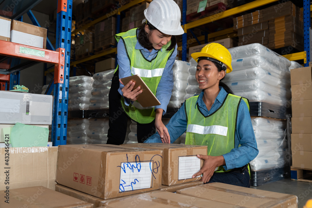 Female warehouse worker working at the storehouse . Logistics , supply chain and warehouse business 