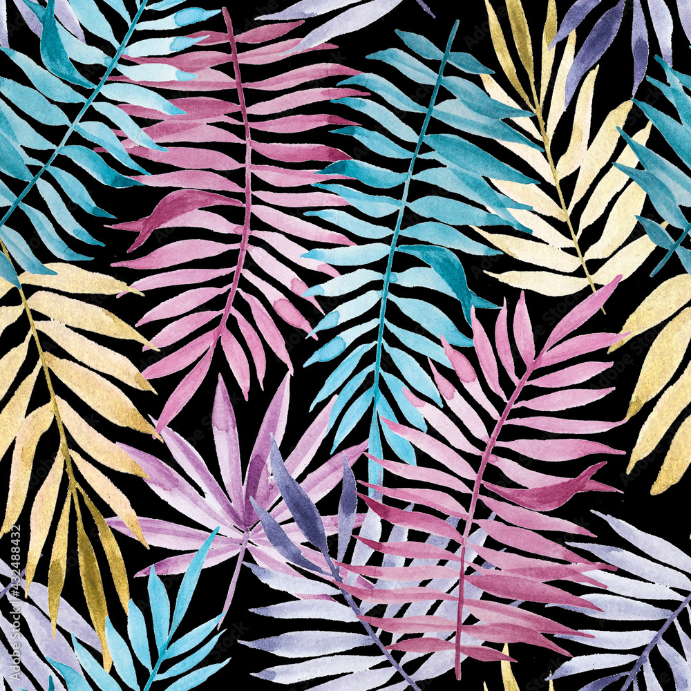 seamless watercolor pattern with colorful leaves and branches of a palm tree on a dark background. t