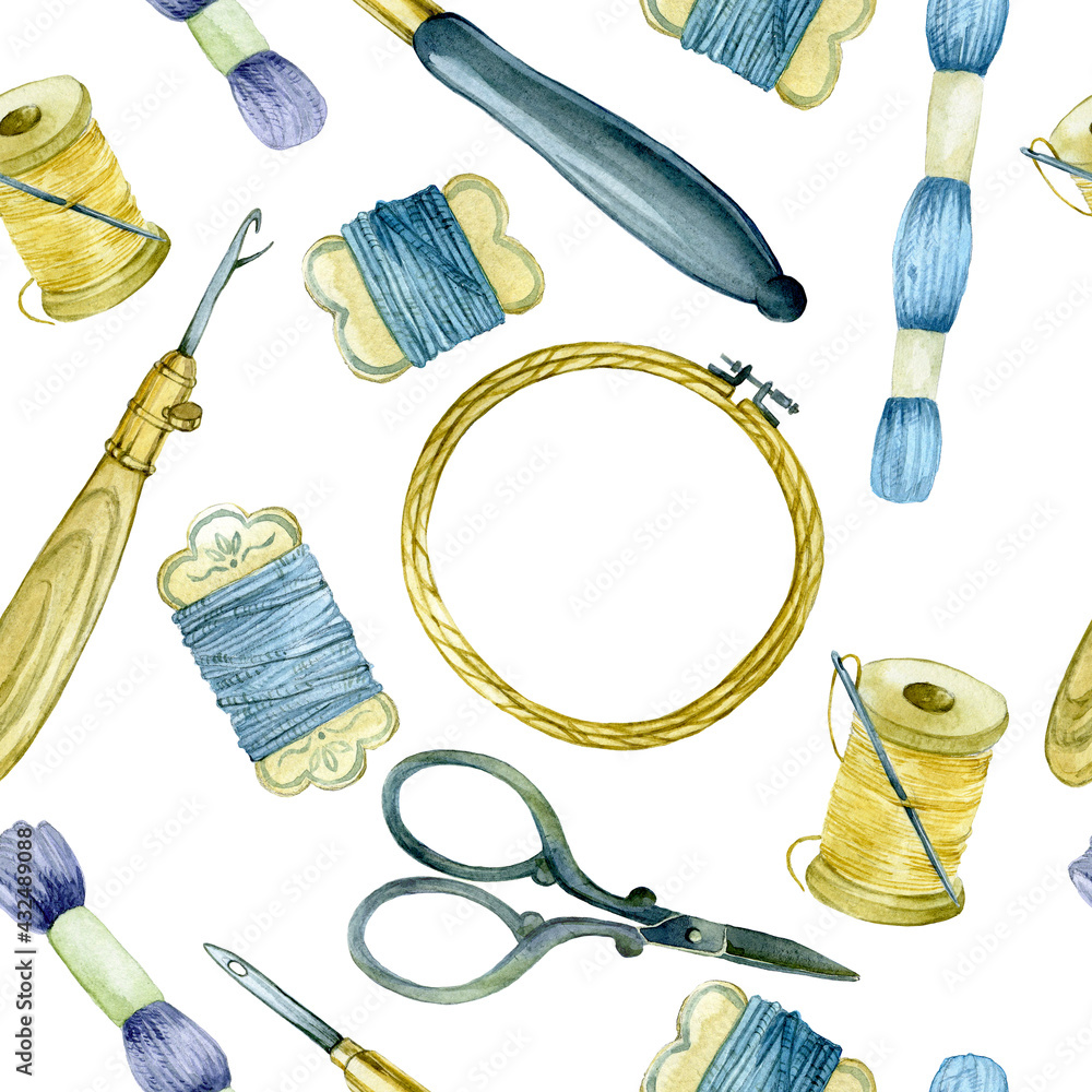 seamless watercolor pattern tools for embroidery. hoops, threads, scissors, yarn, punch needle. tool