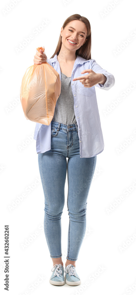 Young woman with garbage bag on white background