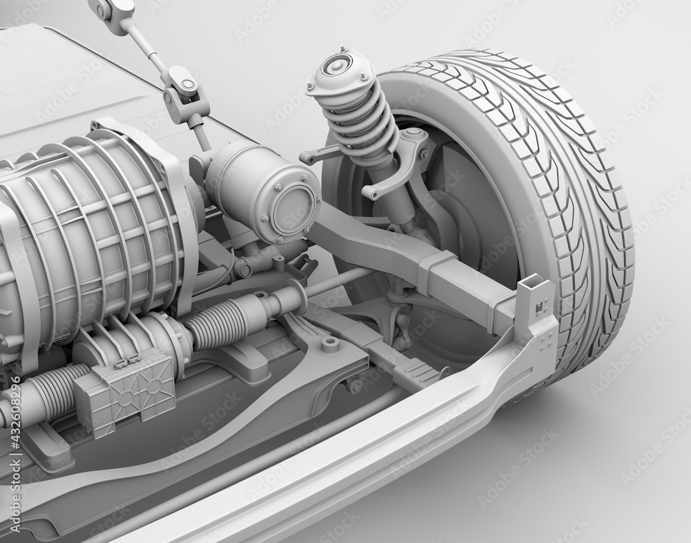 带电机和电池系统的电动汽车底盘的粘土渲染。3D渲染图像。