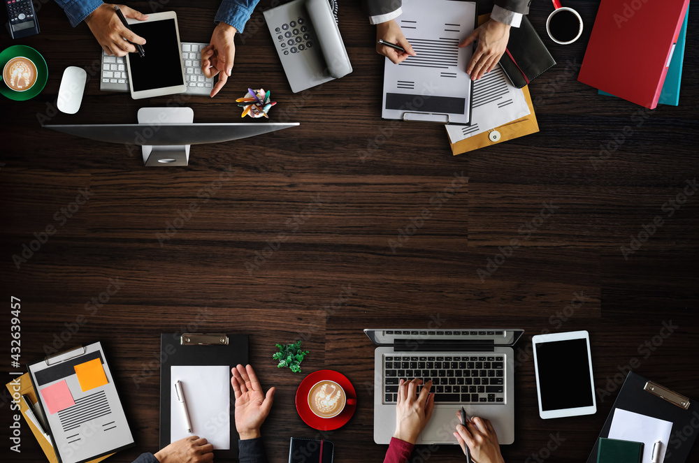 Top view of business Group of Multiethnic Busy People meeting with other in modern office