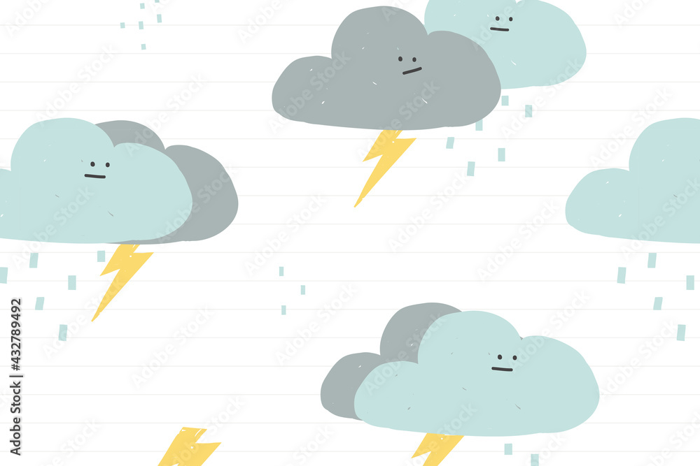 Thunder clouds seamless pattern background with cute doodle illustration for kids