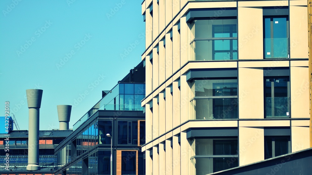 Apartment residential house and home facade architecture and outdoor facilities. Blue sky on the bac