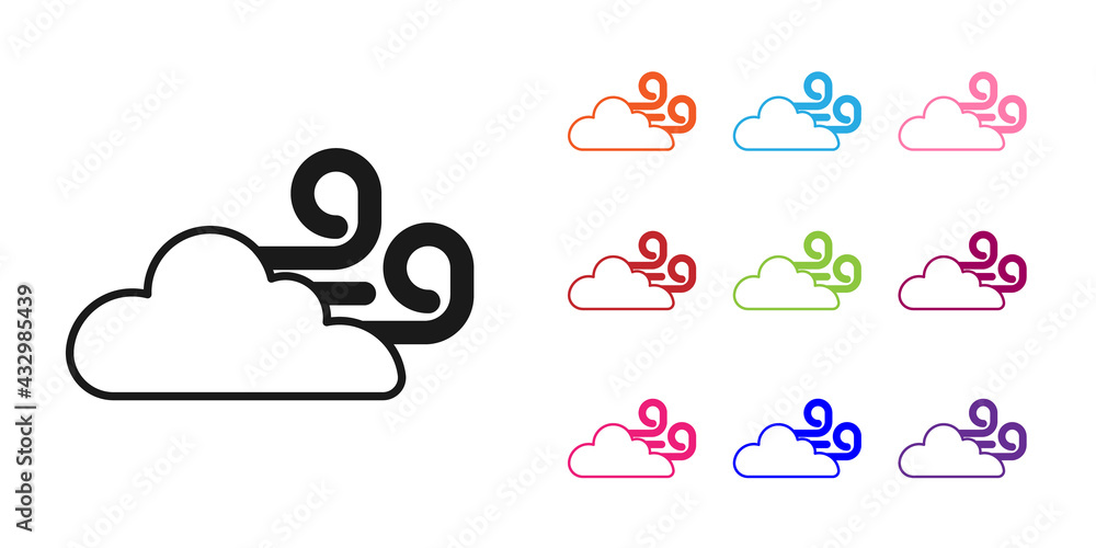 Black Windy weather icon isolated on white background. Cloud and wind. Set icons colorful. Vector