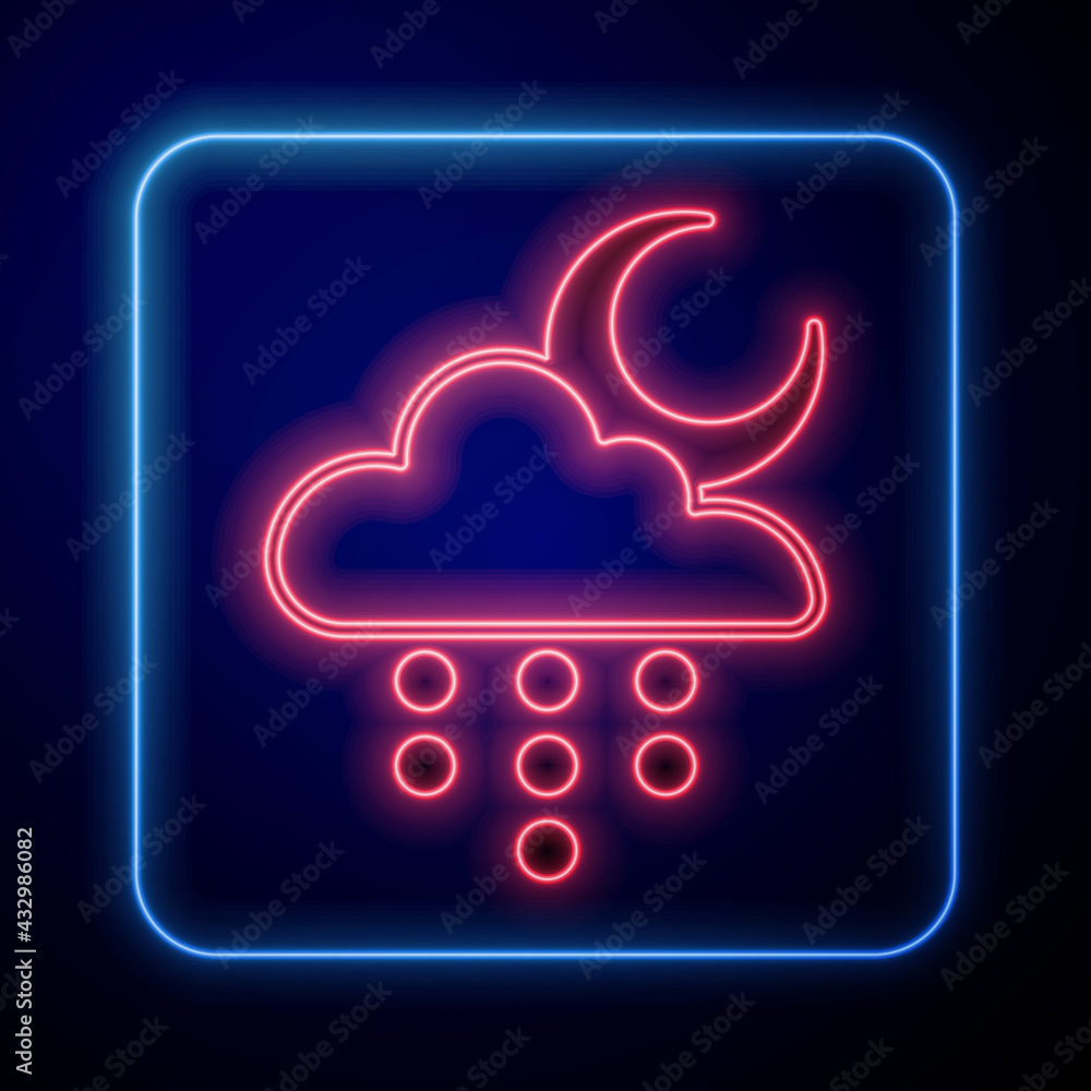 Glowing neon Cloud with rain and moon icon isolated on black background. Rain cloud precipitation wi