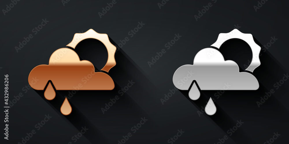 Gold and silver Cloud with rain and sun icon isolated on black background. Rain cloud precipitation 