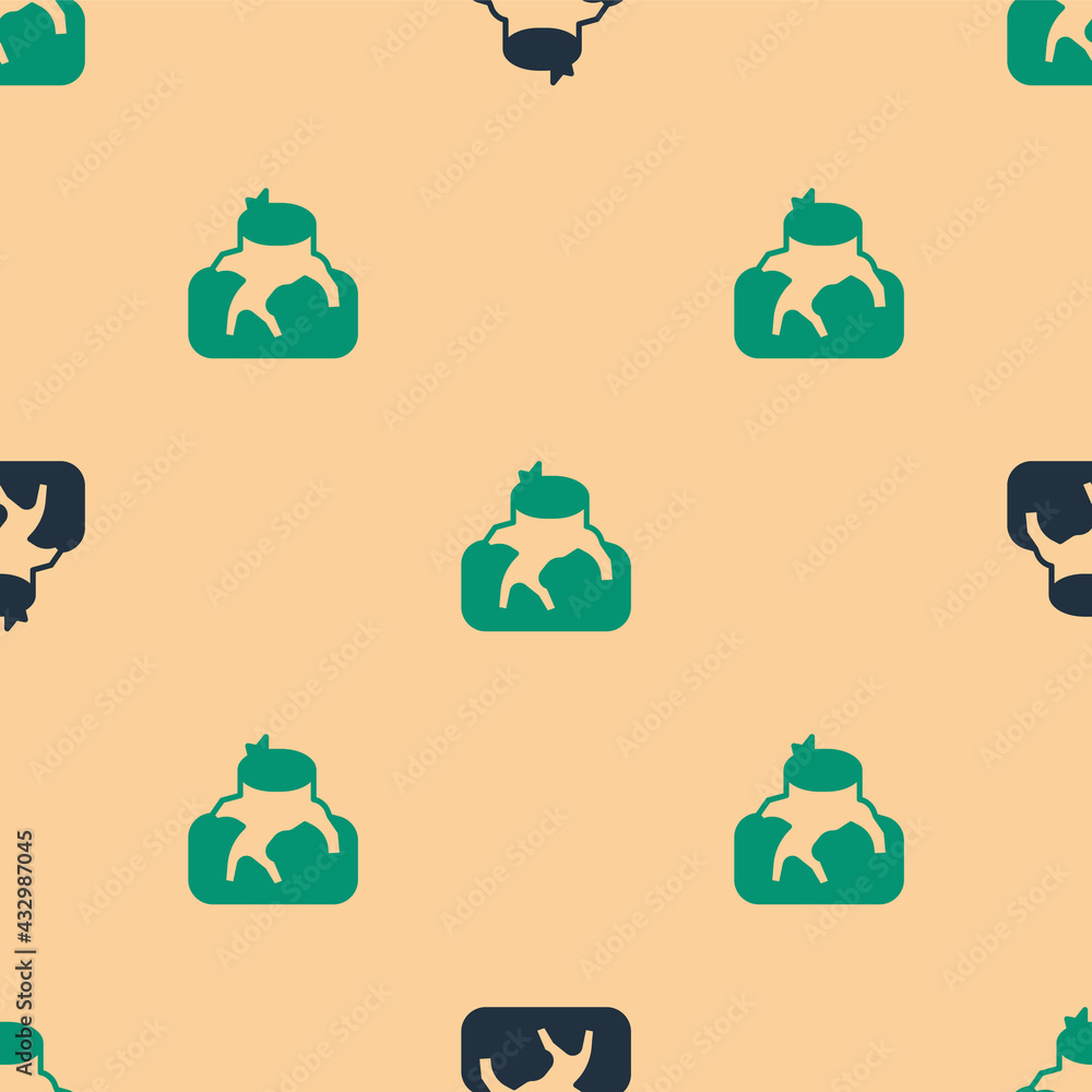 Green and black Deforestation icon isolated seamless pattern on beige background. Chopping forest, d