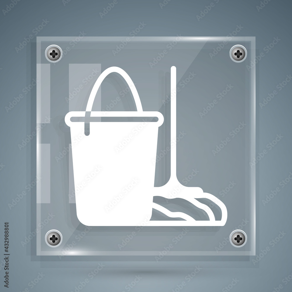 White Mop and bucket icon isolated on grey background. Cleaning service concept. Square glass panels