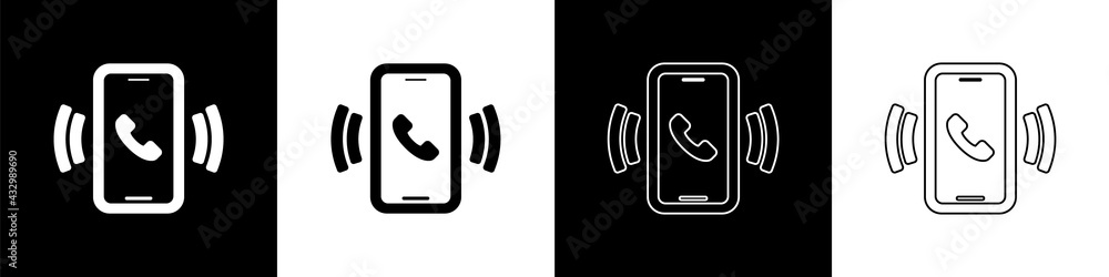 Set Telephone 24 hours support icon isolated on black and white background. All-day customer support