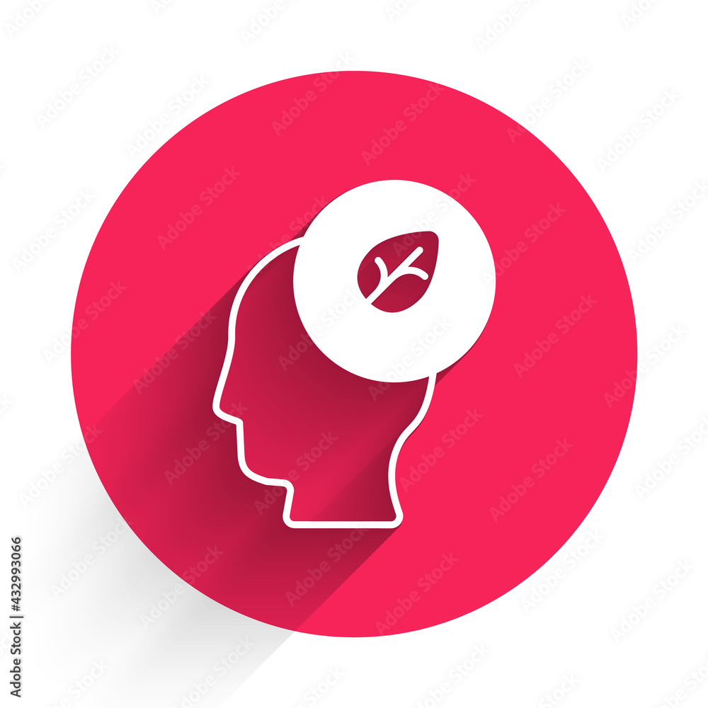 White Human head with leaf inside icon isolated White background. Red circle button. Vector