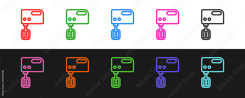 设置线电动搅拌器图标隔离在黑白背景上。厨房搅拌器。矢量