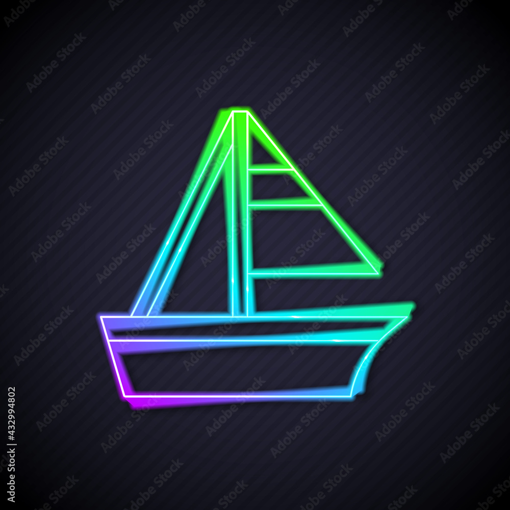 Glowing neon line Yacht sailboat or sailing ship icon isolated on black background. Sail boat marine